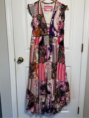 Anthropologie Patchwork Ruffle Midi Dress Size 8 Boho Floral Stripe Tiered